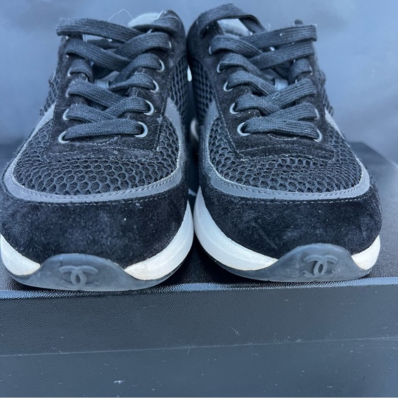 CHANEL Black & White Mesh Suede Calfskin Low-Cut Athletic Sneakers Shoes 38 - Picture 8 of 16